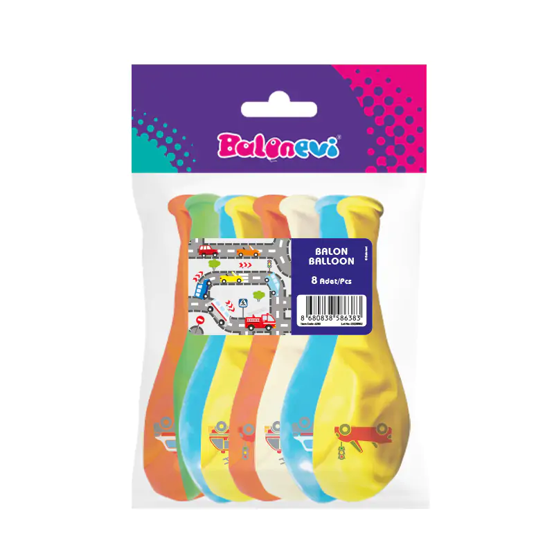 4+0 Trafik Baskılı 12” Pastel Balon 8’li
